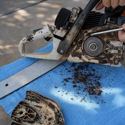 Imagen que muestra cómo eliminar la suciedad más gruesa de una motosierra