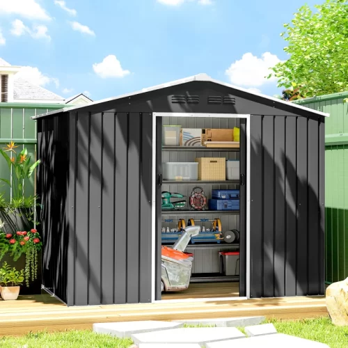 Abrigo de jardim 3,6 m² cinzento-escuro com portas duplas de correr abertas a mostrar o interior
