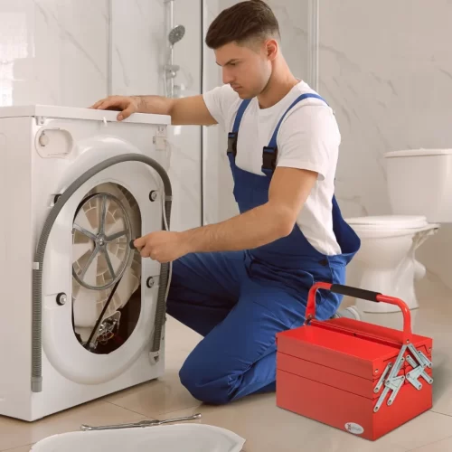 O que colocar numa caixa de ferramentas para a casa? Um técnico de reparação de máquinas de lavar utiliza uma caixa de ferramentas para guardar as suas ferramentas manuais