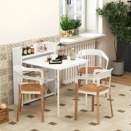 HOMCOM Mesa Dobrável de Cozinha com Aba Rebatível e 4 Compartimentos – Branco