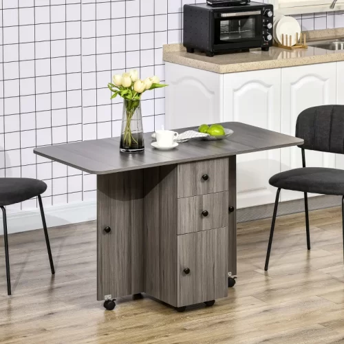HOMCOM Mesa Dobrável de Cozinha com 2 Gavetas e Armário – Cinzento

