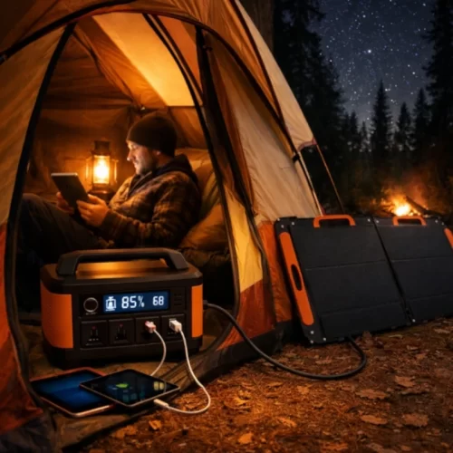 Homem a utilizar um tablet numa tenda de campismo com uma estação de energia portátil ligada a um painel solar