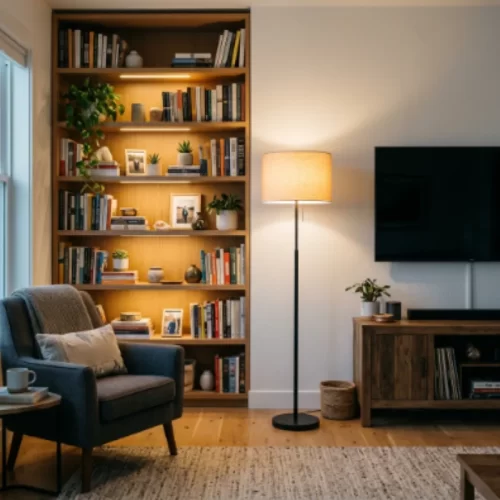 Um candeeiro de pé junto a uma estante ou móvel de televisão para iluminar uma parede em destaque. Onde colocar uma lâmpada de pé na sala de esta