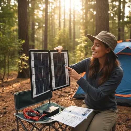 Mulher a verificar os componentes do seu kit solar portátil com o manual de instruções numa zona de campismo