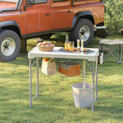 Outsunny Mesa Dobrável de Campismo com 2 Lava-loiças