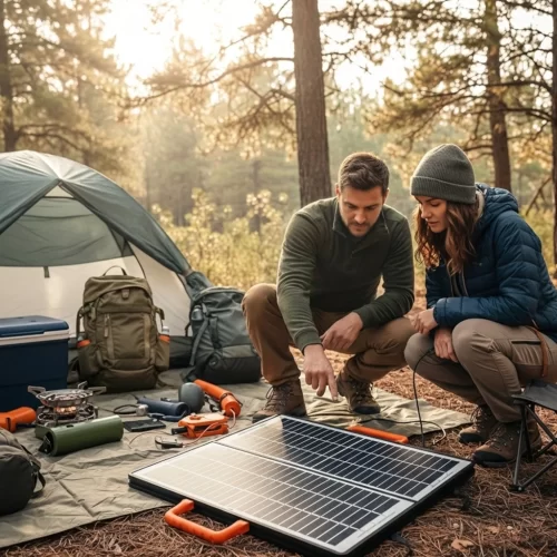 Casal a verificar o estado e as ligações de um painel solar portátil aberto junto ao equipamento de campismo num ambiente natural
