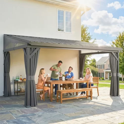 Pérgola de aço cinzenta adossada à parede, a proporcionar sombra a uma família durante uma refeição.