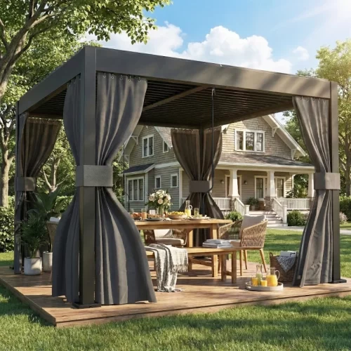 Pérgola de alumínio com cobertura de lâminas e cortinas num terraço de madeira