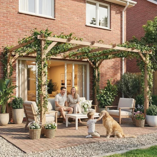 Pérgola de madeira com plantas trepadeiras junto a um terraço com sofás
