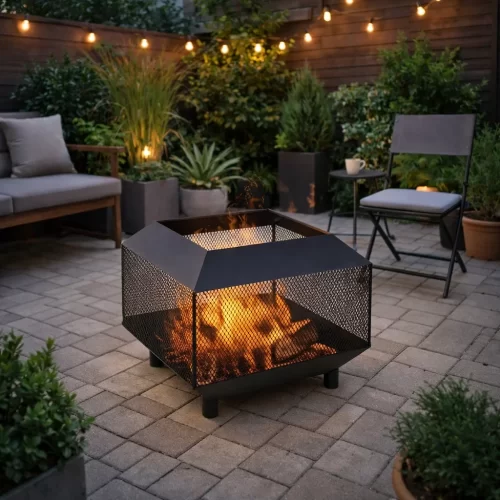 Braseiro de exterior quadrado em rede colocado num jardim pequeno com sofá e iluminação.