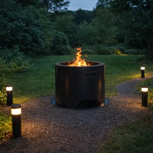 Braseiro de exterior sem fumo colocado no fundo do jardim, numa zona desimpedida junto a um caminho iluminado