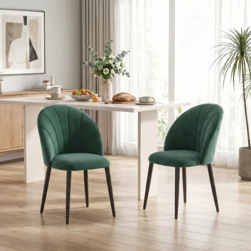 Conjunto de 2 Cadeiras de Sala de Jantar em Veludo com Encosto em Forma de Concha – Verde Escuro