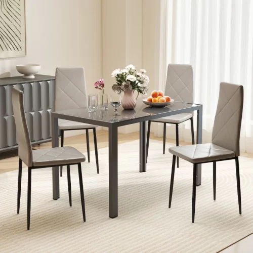Conjunto de 4 Cadeiras de Sala de Jantar Estofadas em Pele Sintética com Encosto Muito Alto – Cinzento