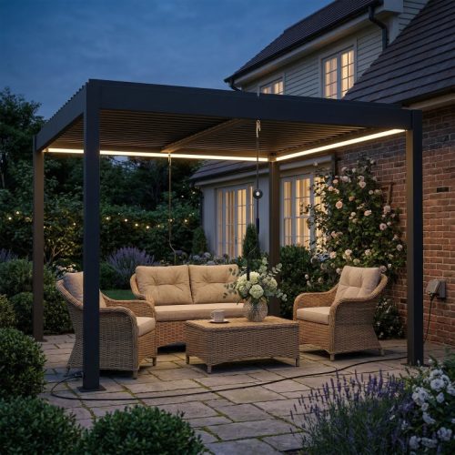 Pérgola bioclimática preta à noite, com iluminação integrada sobre a zona de estar.