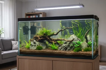 Acuario montado con plantas y rocas en un salón