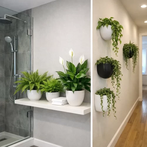 Plantas numa prateleira junto ao duche e suspensas na parede do corredor