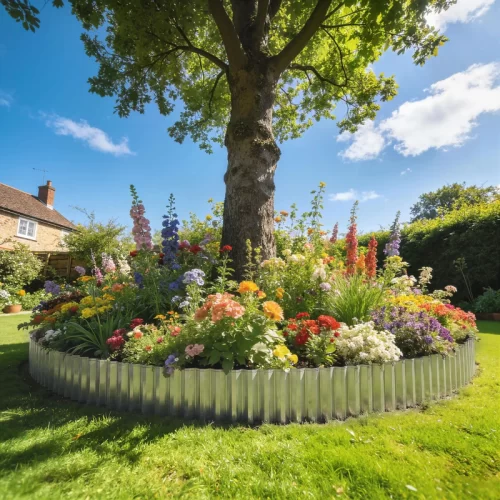 Bordadura metálica de jardim à volta de uma árvore com flores