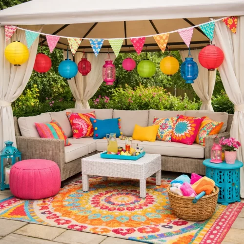 Gazebo de verano decorado con cojines coloridos y farolillos
