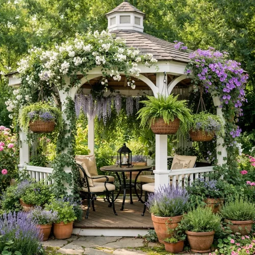 Gazebo decorado con plantas trepadoras y cestas colgantes