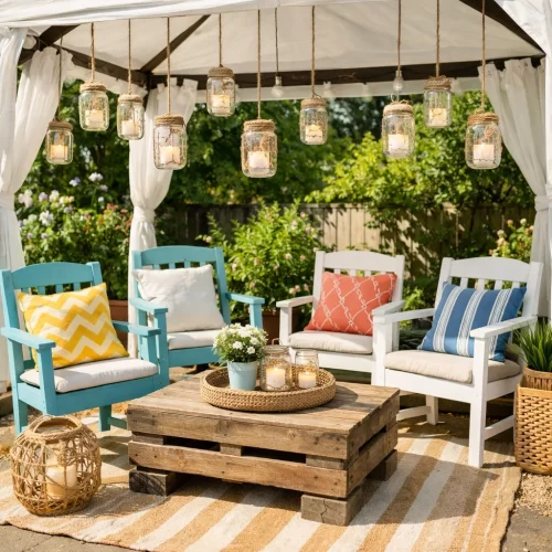 Gazebo decorado con tarros de cristal y muebles de colores