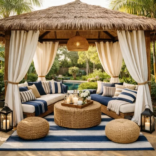 Gazebo estilo cabaña con cortinas y sofás a rayas