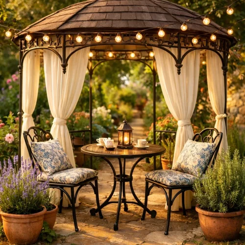 Gazebo estilo café al aire libre con mesa bistró y lavanda