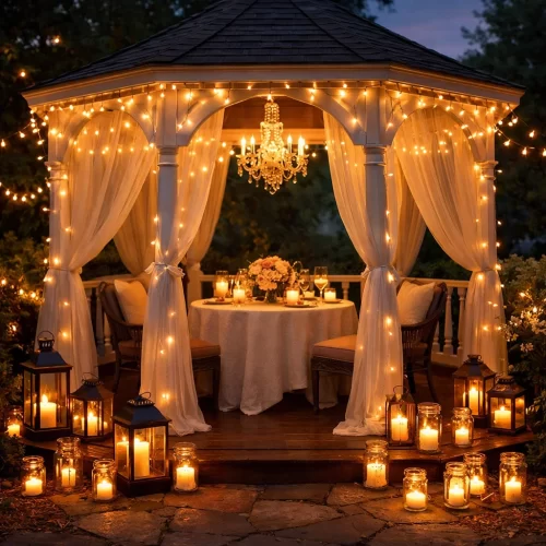 Gazebo romántico con velas grinaldasy cortinas vaporosas
