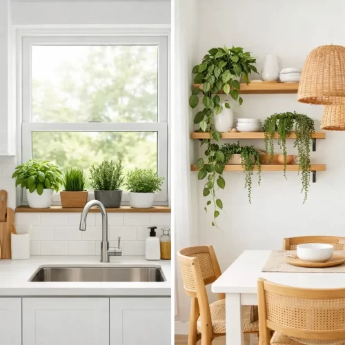Plantas junto à janela e ao lava-louça da cozinha e em prateleiras perto da sala de jantar