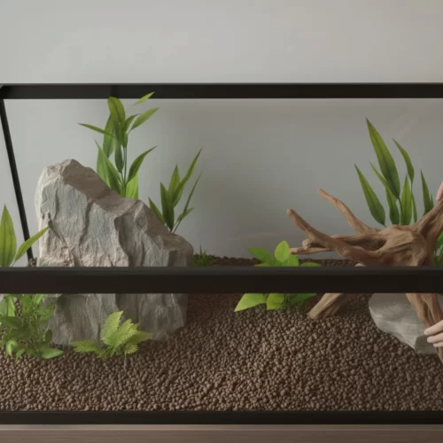 Colocação de pedras e raízes decorativas no aquário