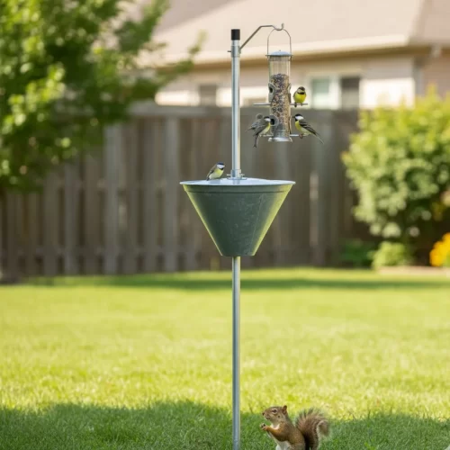 Comedouro para aves com defletor antiesquilos no jardim
