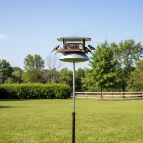 Comedouro para aves num poste protegido dos predadores