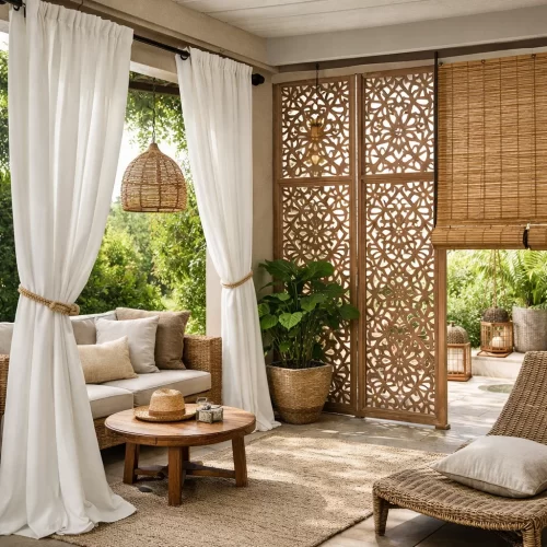 Cortinas y mamparas decorativas en gazebo exterior