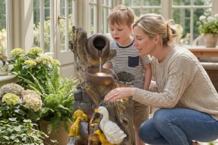 Madre e hijo mirando una fuente con figuras de patos.