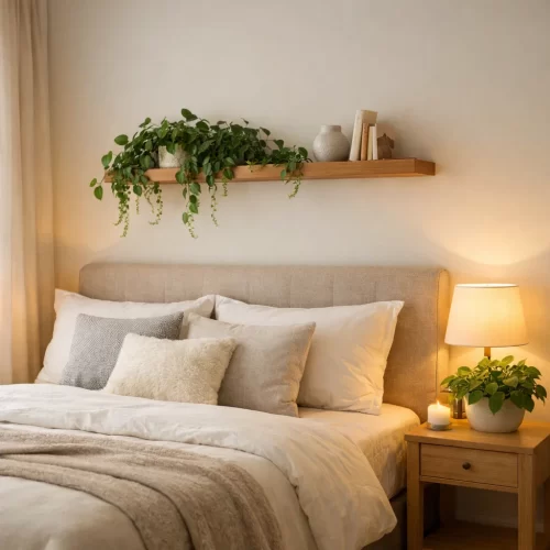 Plantas pequenas numa prateleira e na mesa de cabeceira do quarto
