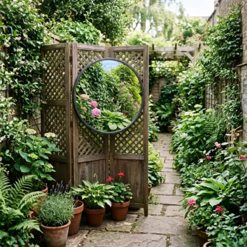 Espelho redondo integrado numa porta de treliça de madeira que reflete um jardim frondoso