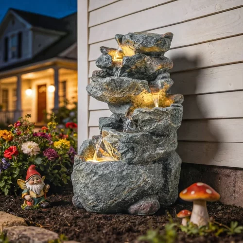 Fonte de pedra iluminada com gnomo de jardim.