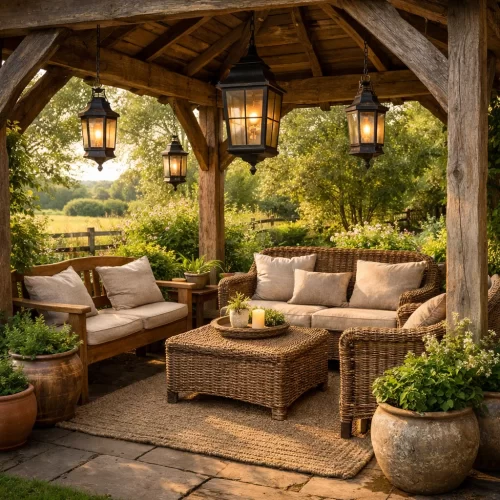 Ideas para decorar gazebo rústico con sofás de ratán y farolillos