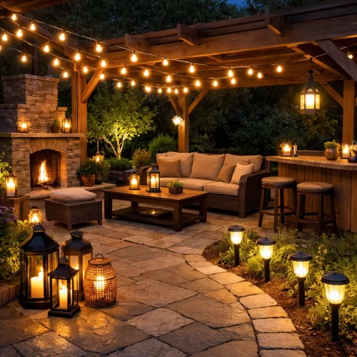 Iluminação con grinaldasy farolillos en gazebo de jardim