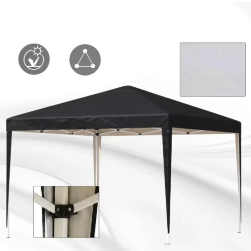 Estrutura de tenda preta com ícones informativos