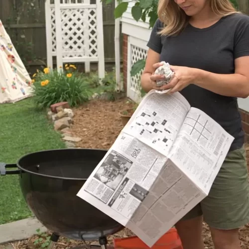 Mulher a amarrotar papel de jornal para acender um grelhador a carvão