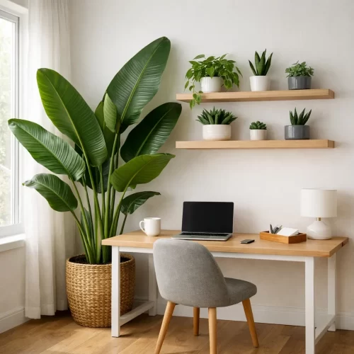 Plantas pequenas nas prateleiras por cima da secretária e uma planta grande num canto entre a mesa e a janela