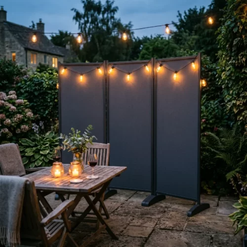 Painel decorativo de jardim iluminado com grinaldas de luz quente junto a uma mesa de exterior ao anoitecer