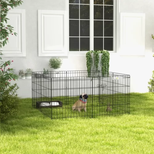 Parque metálico dobrável para manter um cão no jardim