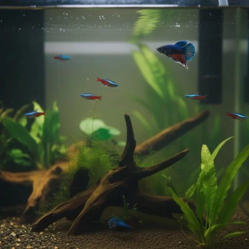 Peixes a nadar num aquário com plantas e troncos