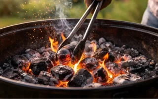 Persona usando pinzas para encender una parrilla de carbón