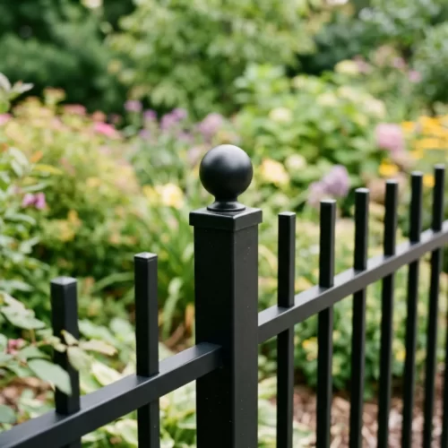 Poste de vedação de metal preto com remate decorativo em forma de bola junto a um jardim florido