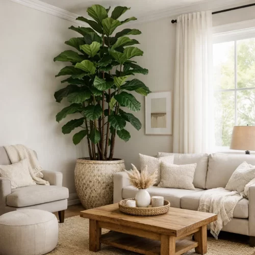 Planta alta num canto entre o sofá e o cadeirão