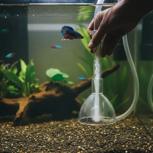 Sifão a retirar água e resíduos do aquário com peixes