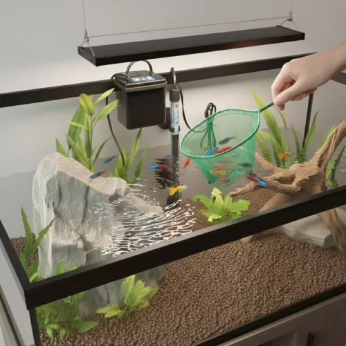 Introdução de peixes coloridos no aquário com uma rede