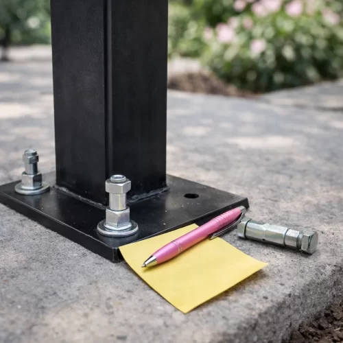 Perfuração de uma placa de base para ancorar um gazebo ao betão